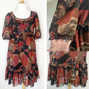 Bila Brown Floral Velvet Trim ruffle Dress Sz M